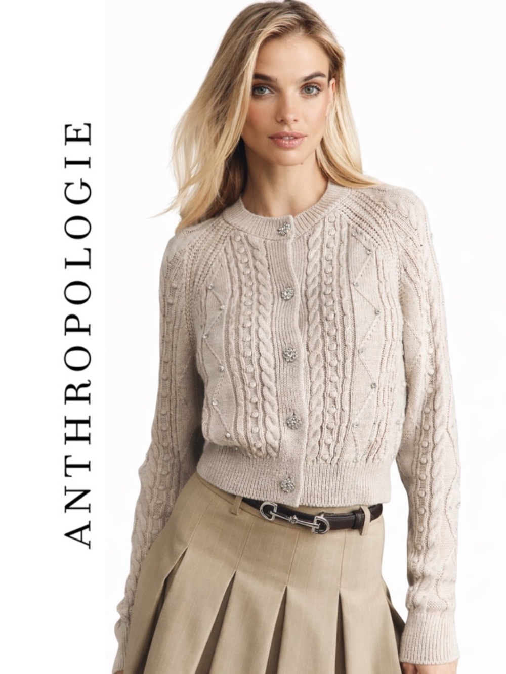 Anthropologie Maeve Gem-Embellished Cable-Knit Cardigan Sweater